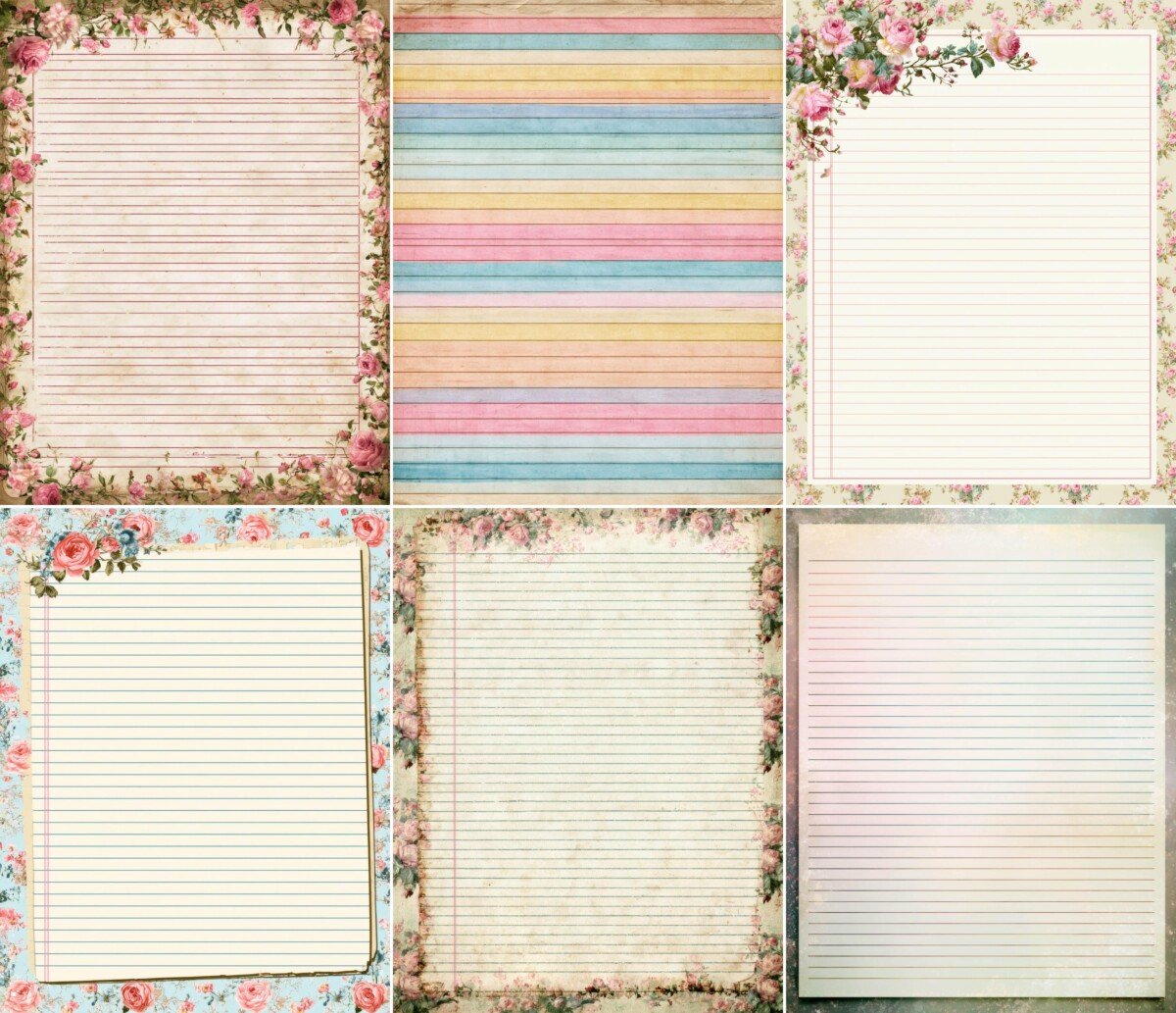 Shabby chic lined journal pages with pastel paper and floral borders