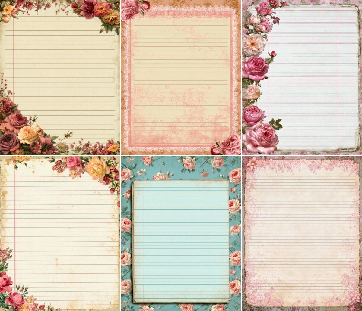 Vintage-style lined writing paper with floral accents, preview 2