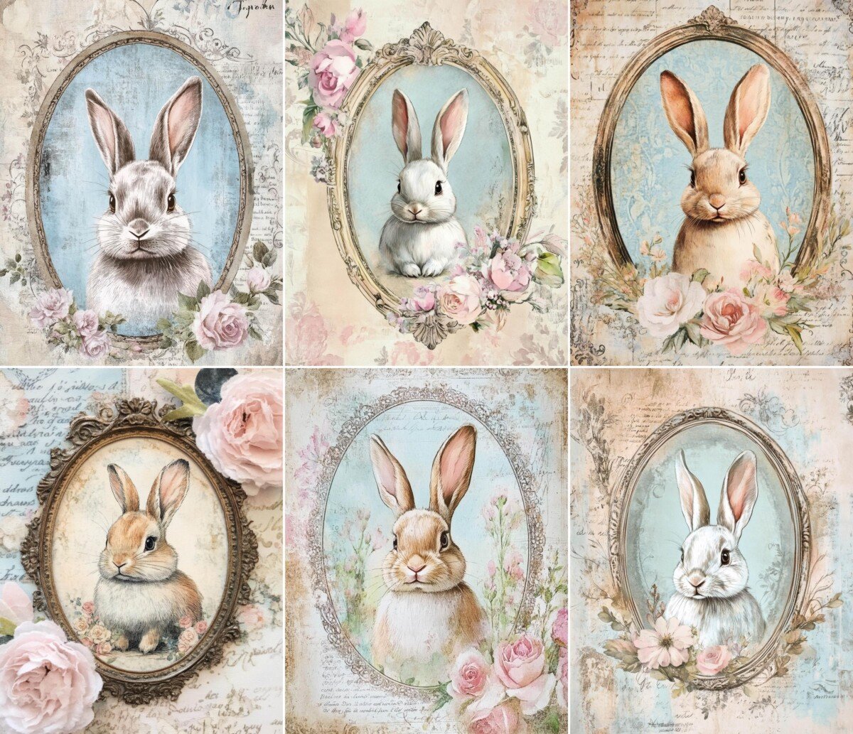 Vintage-style bunny portrait journal pages with floral frames, preview 2