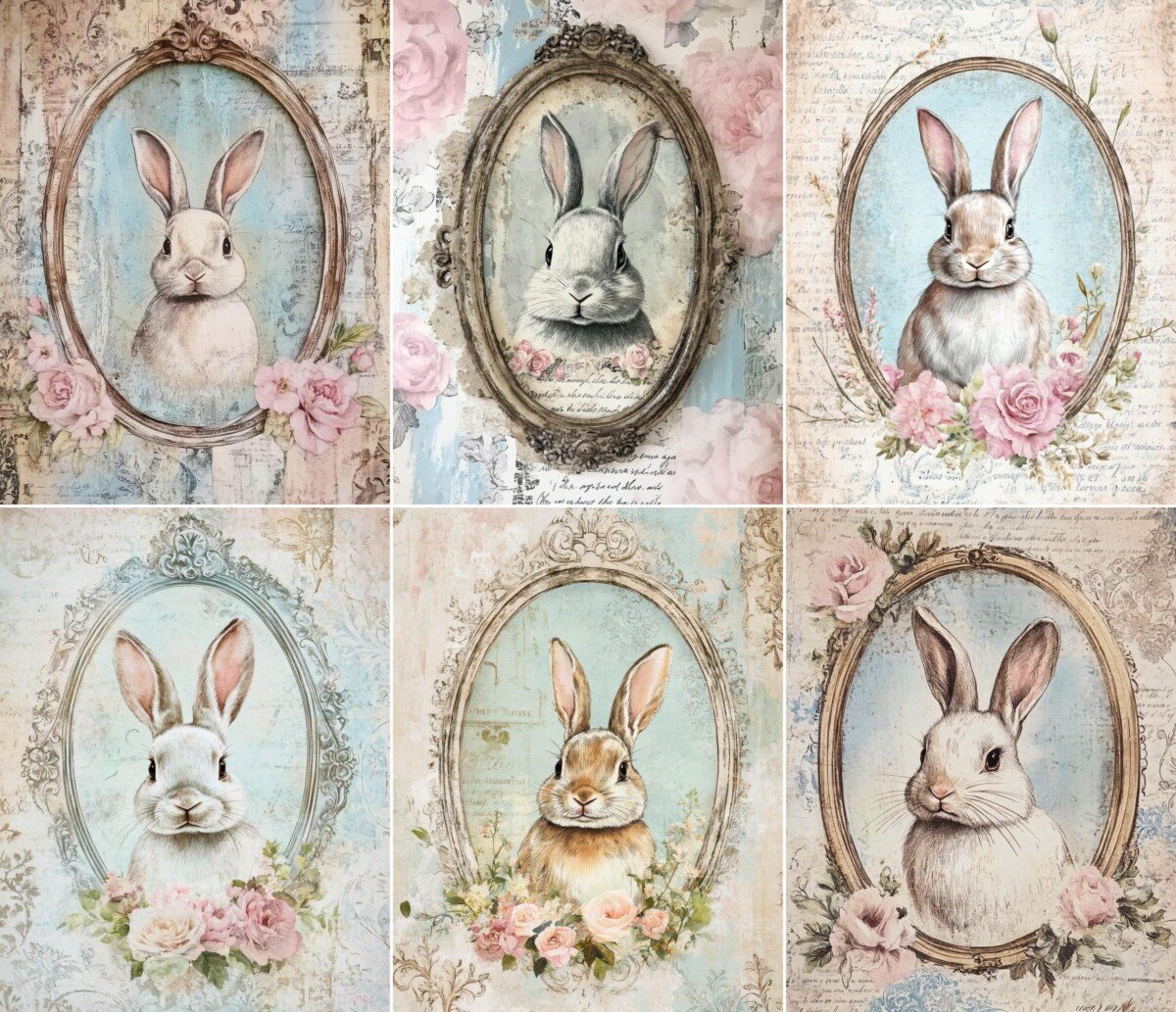 Vintage-style bunny portrait journal pages with floral frames, preview 7