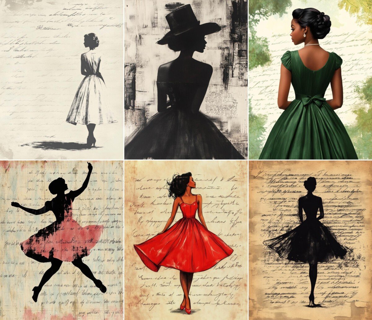 Vintage fashion junk journal pages with full-skirt dresses and figure silhouettes