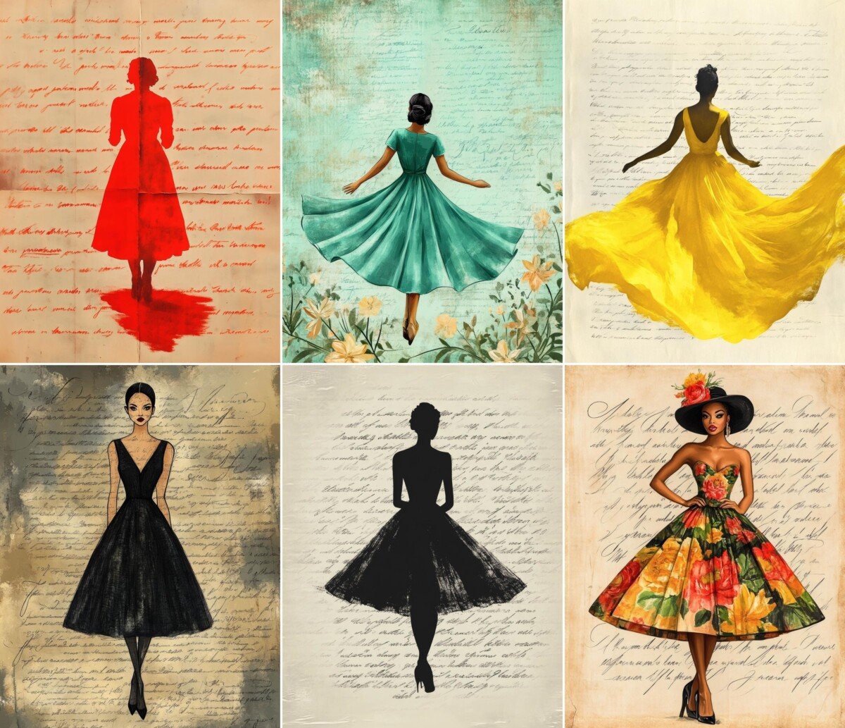 Vintage-style fashion illustrations on script collage backgrounds, preview 2