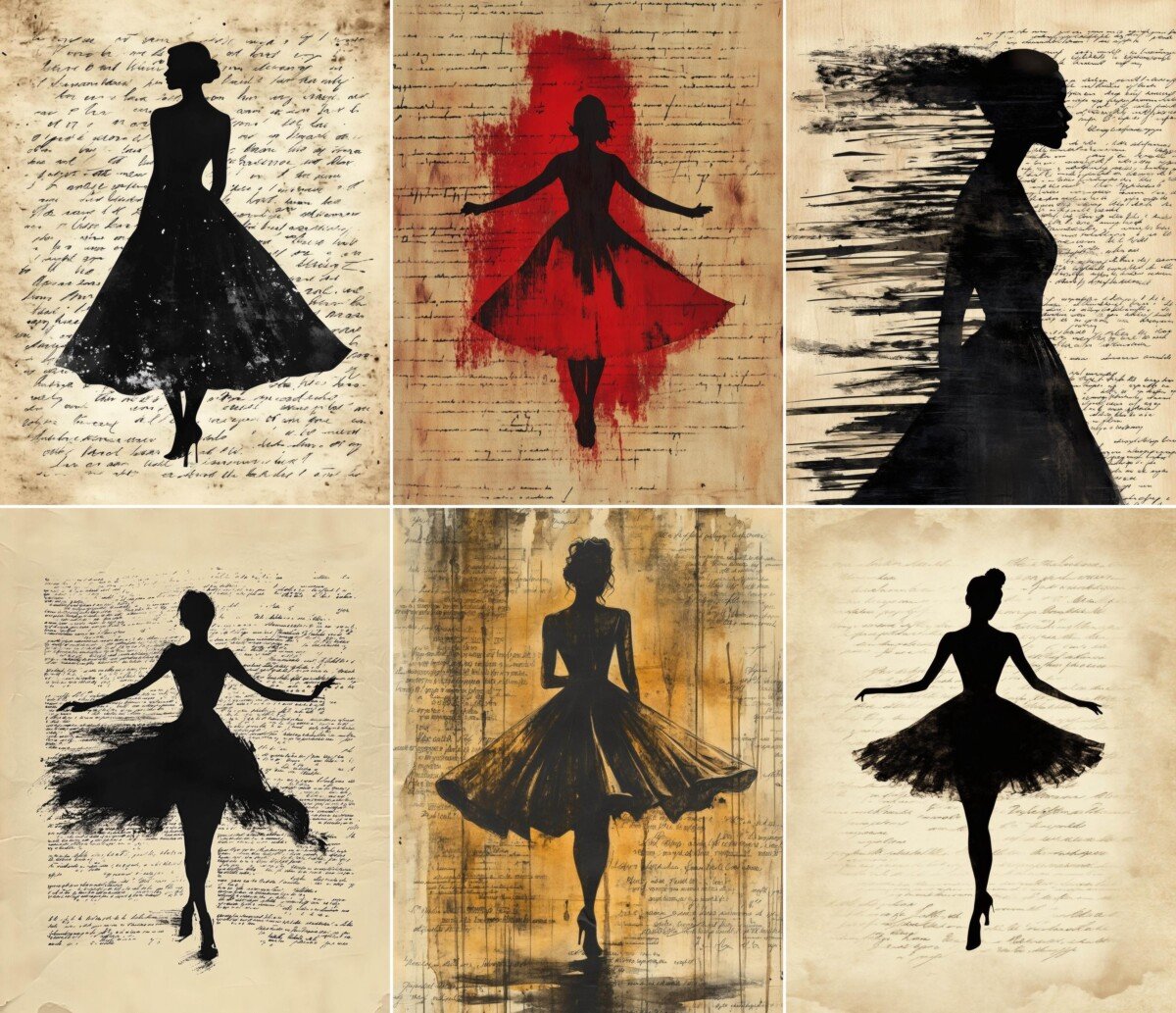 Vintage-style fashion illustrations on script collage backgrounds, preview 3