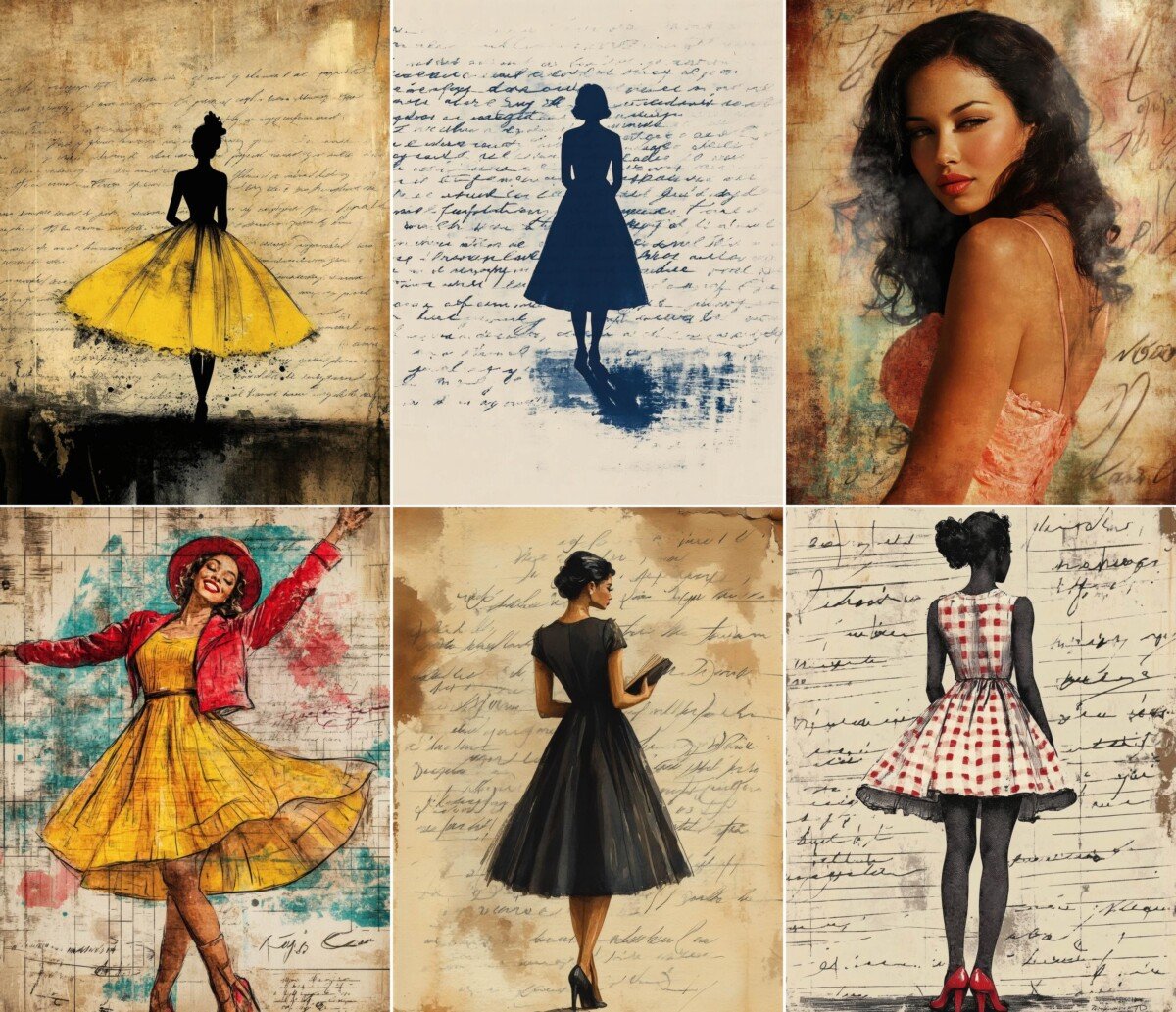 Vintage-style fashion illustrations on script collage backgrounds, preview 5