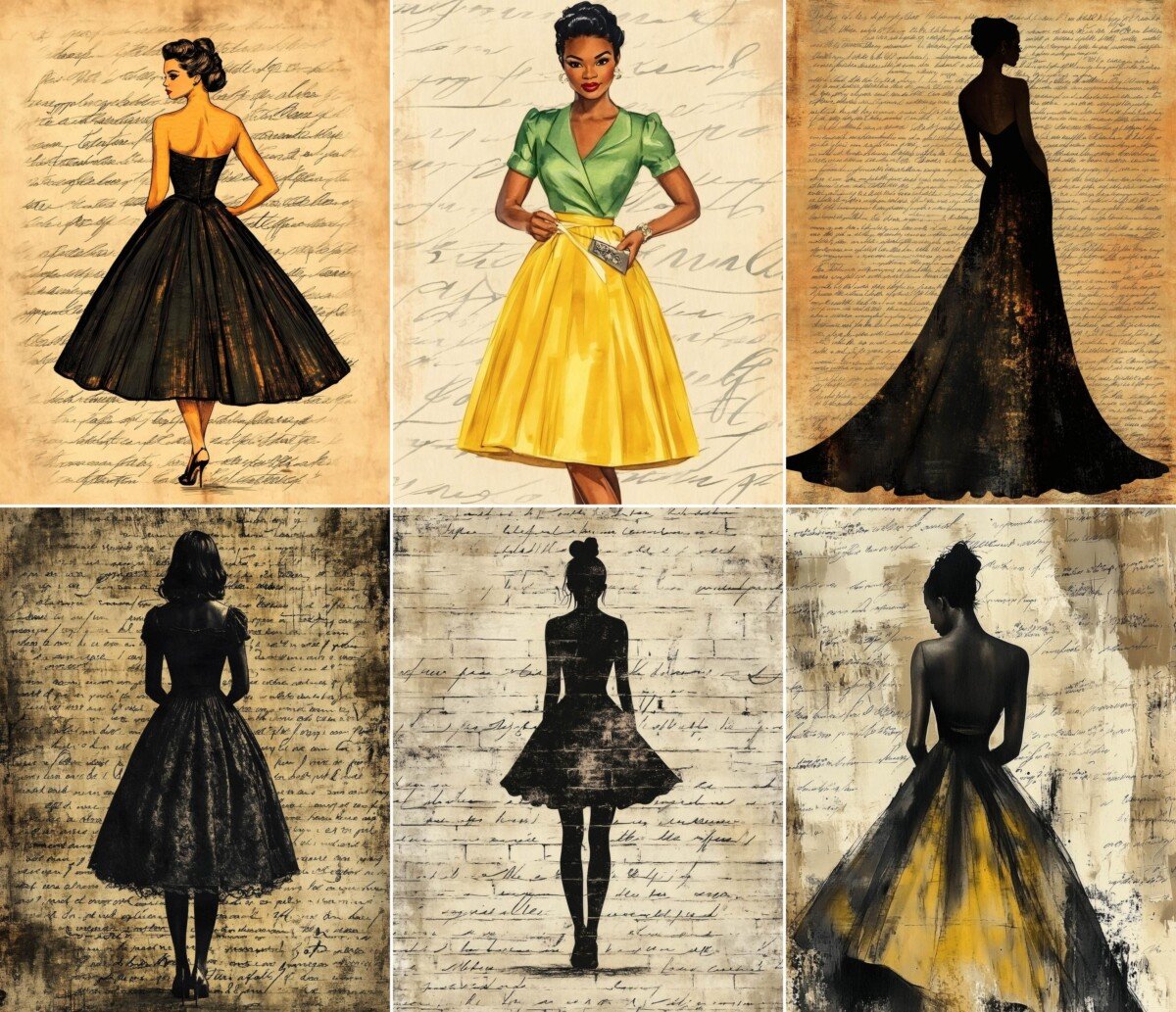 Vintage-style fashion illustrations on script collage backgrounds, preview 7