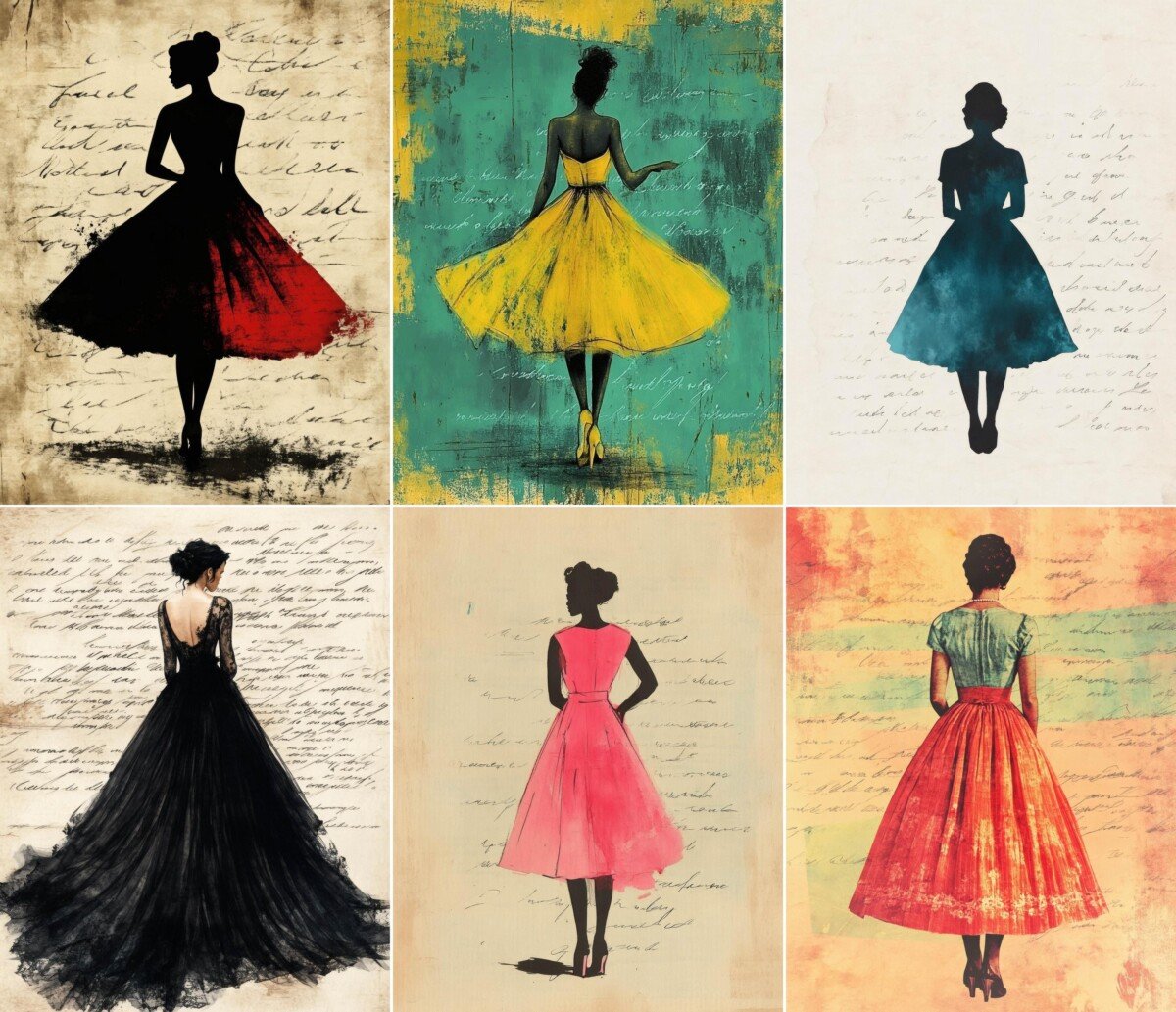 Vintage-style fashion illustrations on script collage backgrounds, preview 8