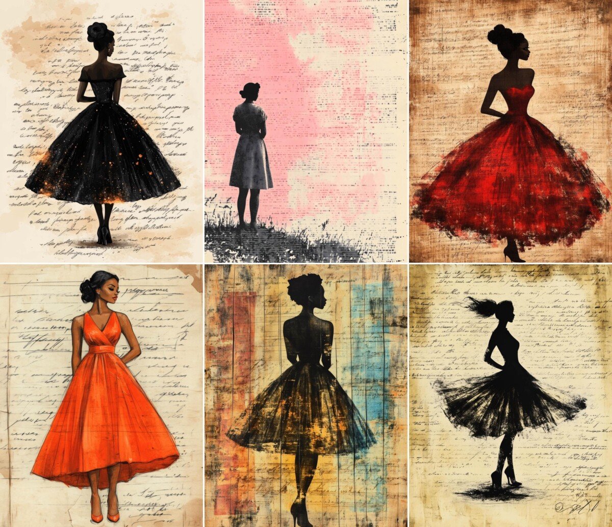 Vintage-style fashion illustrations on script collage backgrounds, preview 10