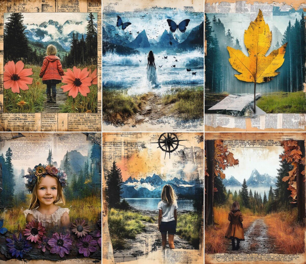 Vintage scrapbook paper with mountain scenery, portraits and nature collage