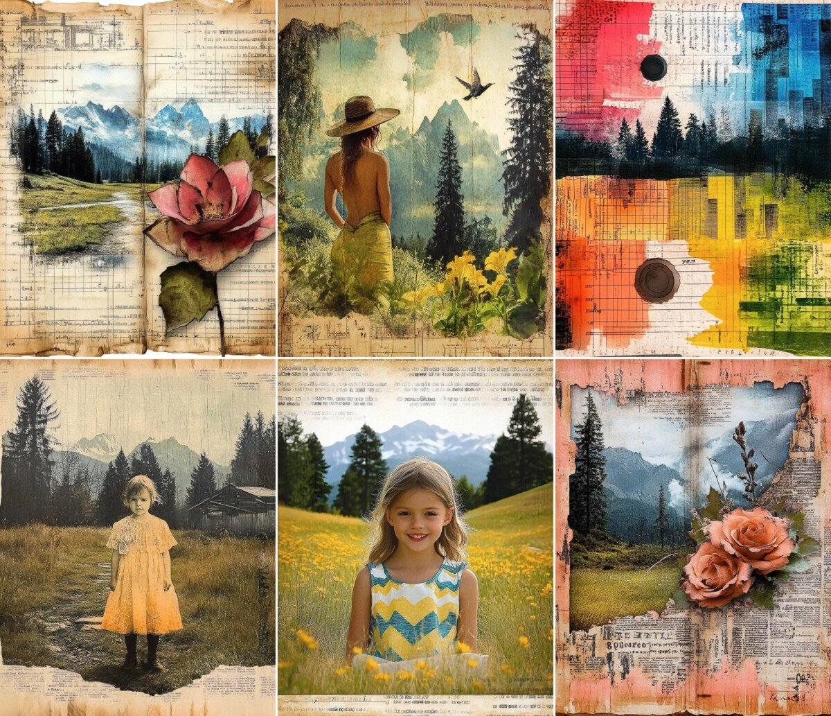 Nature collage journal pages with scenery and aged paper textures, preview 2