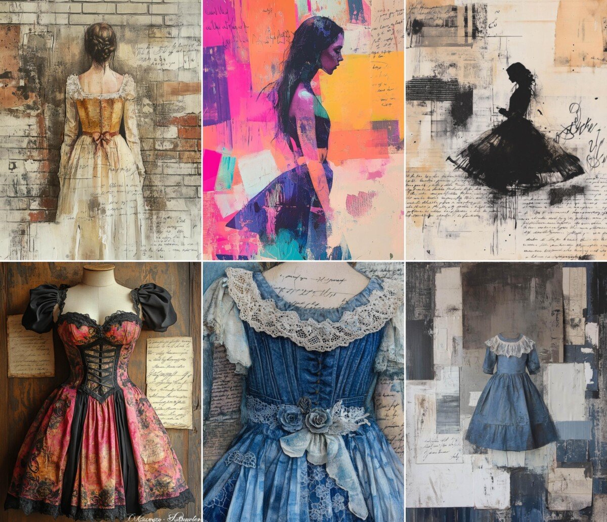 Gothic dress digital paper with fashion silhouettes and manuscript textures, preview 5