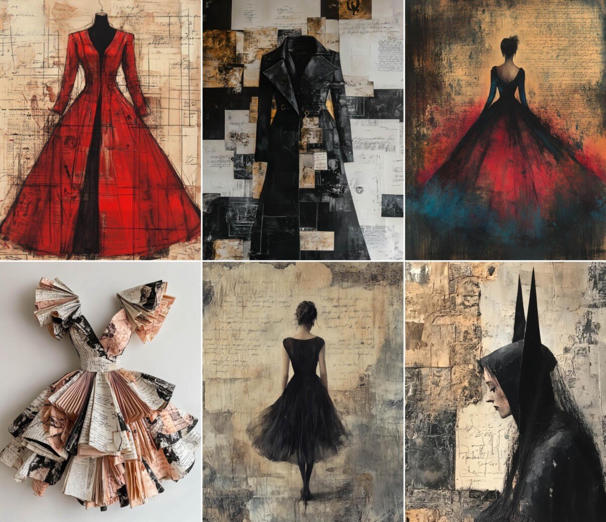 Gothic dress digital paper with fashion silhouettes and manuscript textures, preview 7
