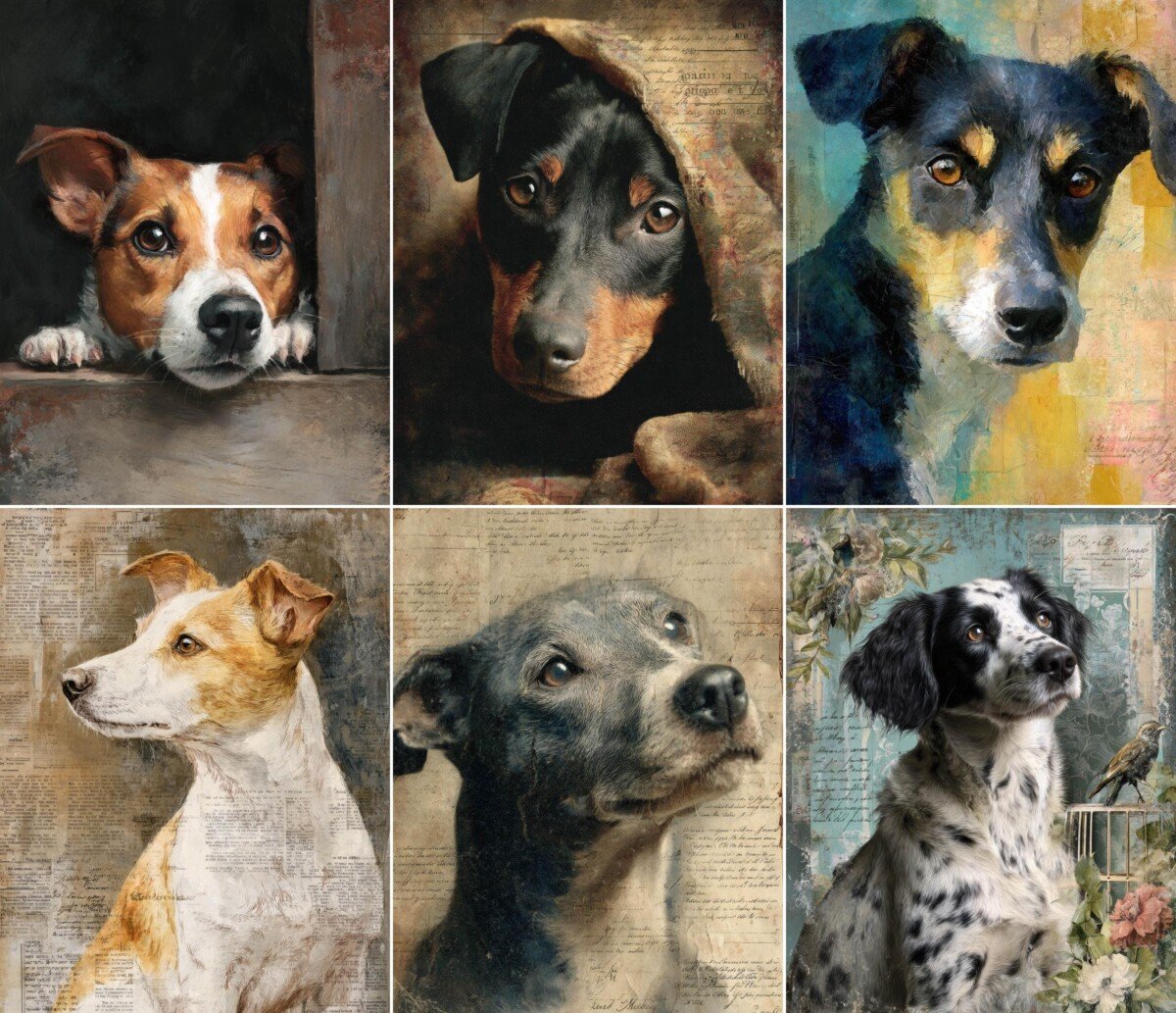 Expressive dog portrait in a painterly style on textured journal paper