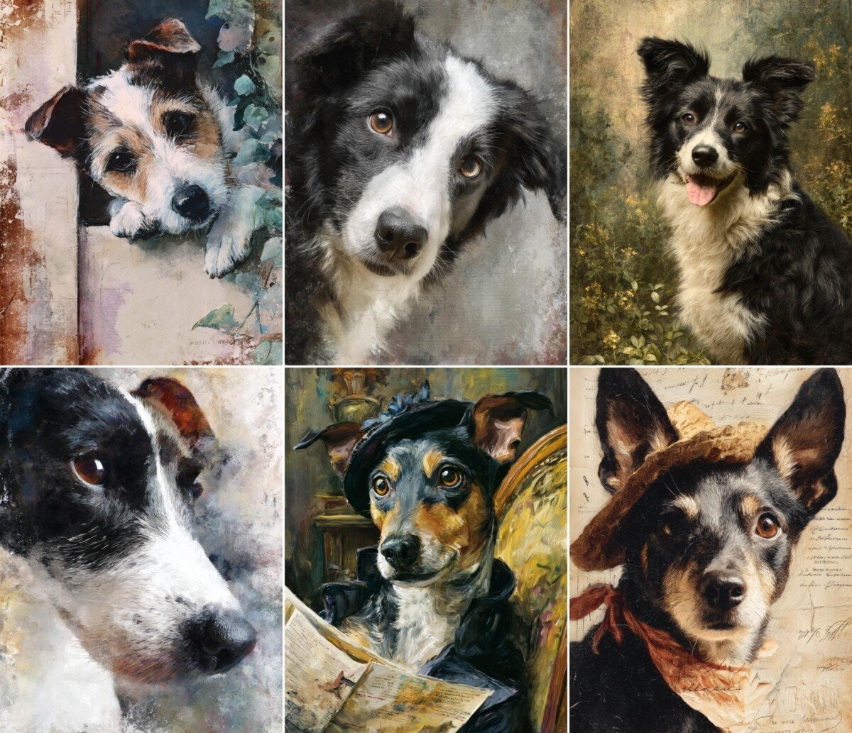 Expressive dog portrait in a painterly style on textured journal paper