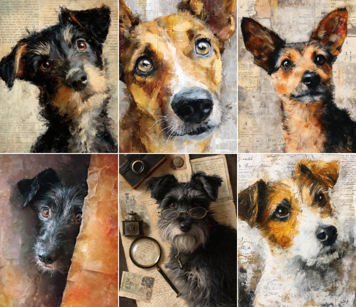 Expressive dog portrait in a painterly style on textured journal paper
