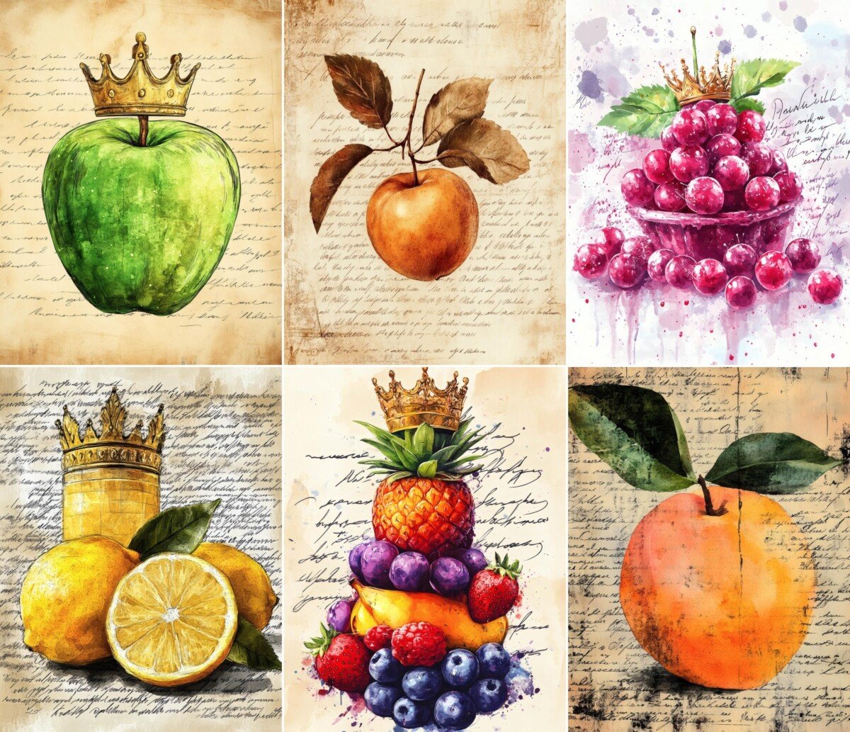 Watercolor fruit and crown-inspired digital paper on handwritten backgrounds