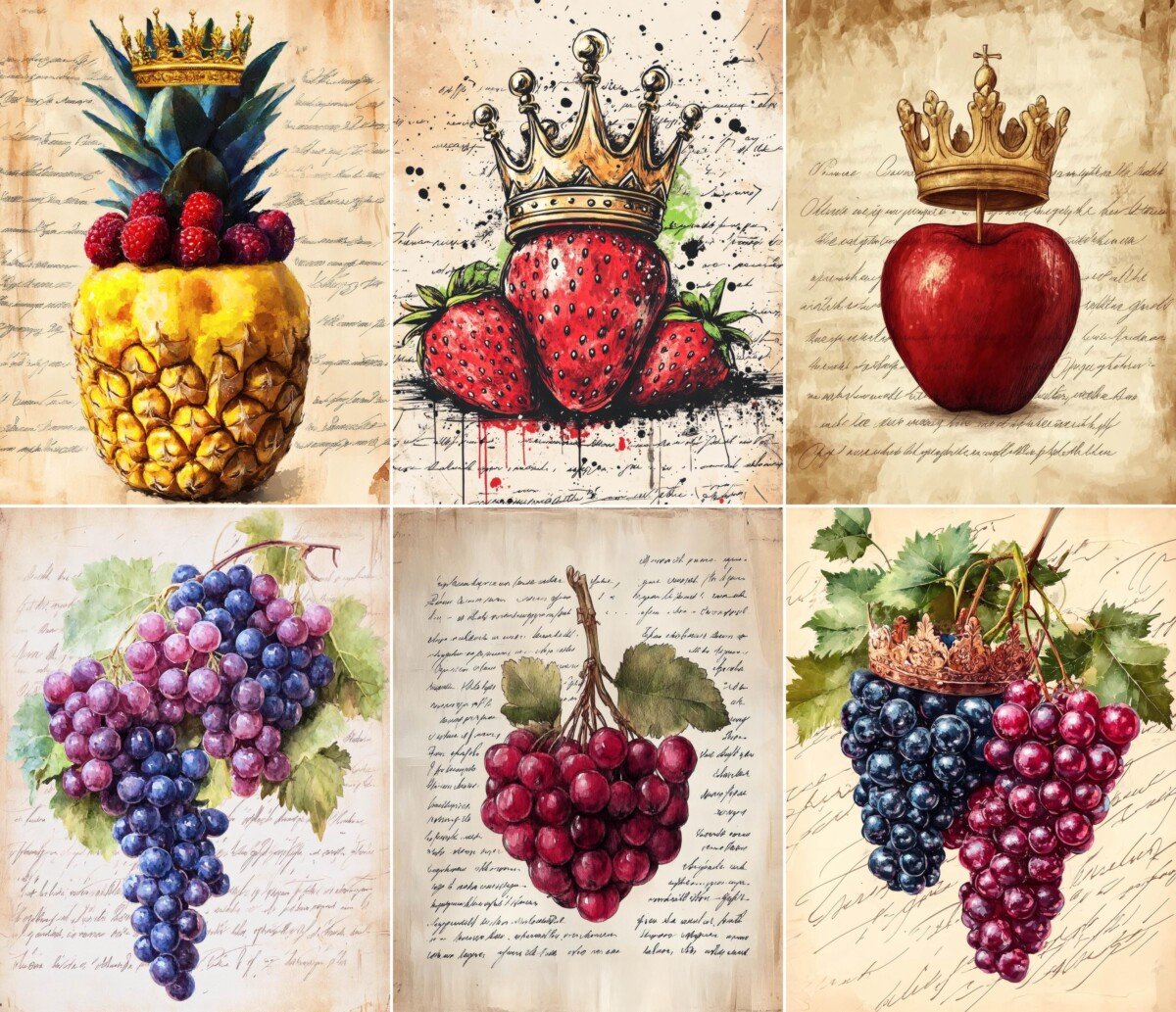 Fruit junk journal pages with watercolor fruit, decorative crowns and vintage script