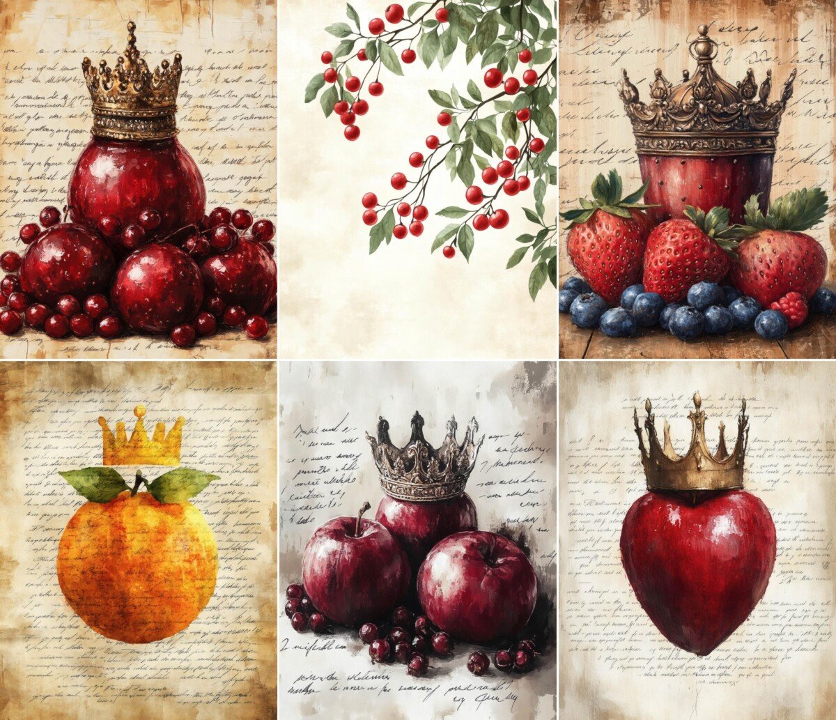 Watercolor fruit and crown-inspired digital paper on handwritten backgrounds