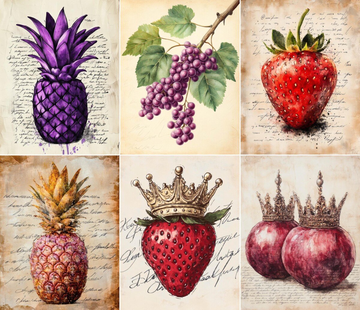 Watercolor fruit and crown-inspired digital paper on handwritten backgrounds