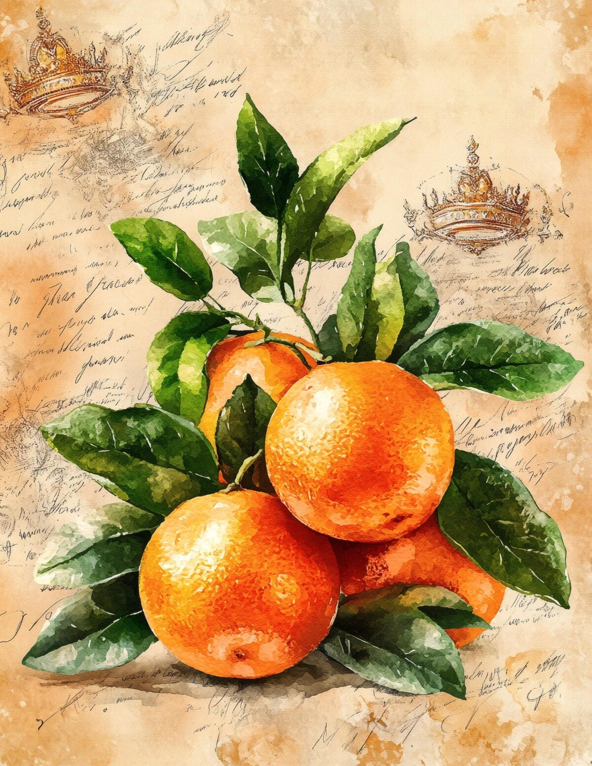 Watercolor fruit and crown-inspired digital paper on handwritten backgrounds