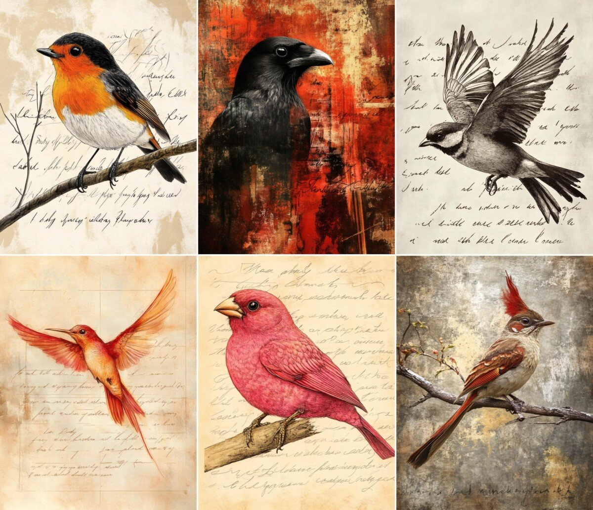 Vintage bird junk journal pages with colorful illustrations and aged script