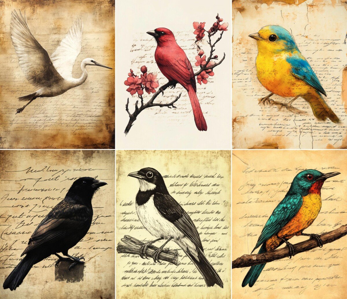 Vintage bird junk journal pages with colorful illustrations and aged script