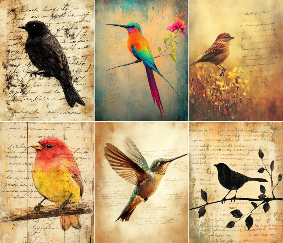 Vintage bird junk journal pages with colorful illustrations and aged script