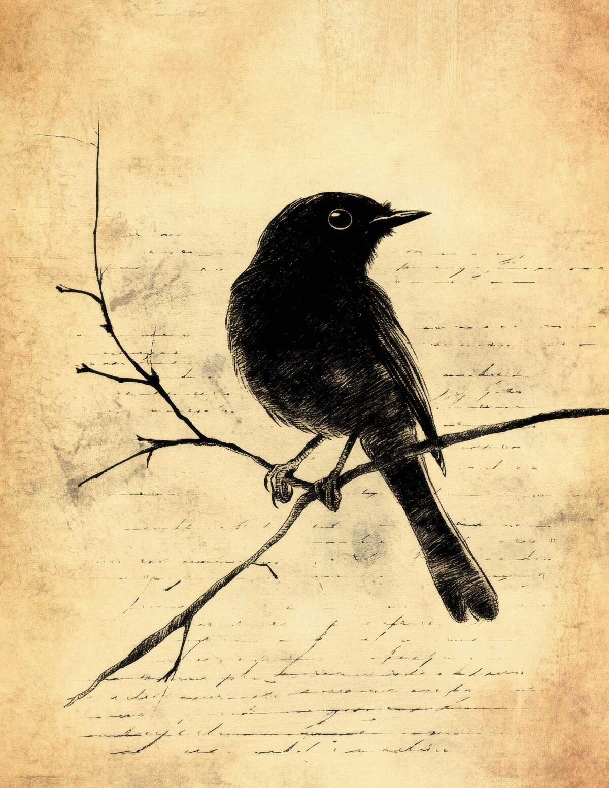 Black bird perched on a bare branch over aged script paper