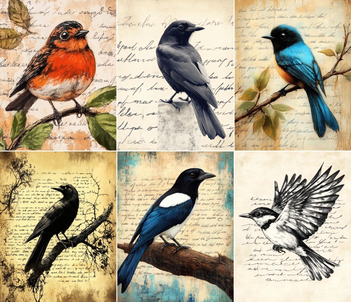 Vintage bird junk journal pages with colorful illustrations and aged script