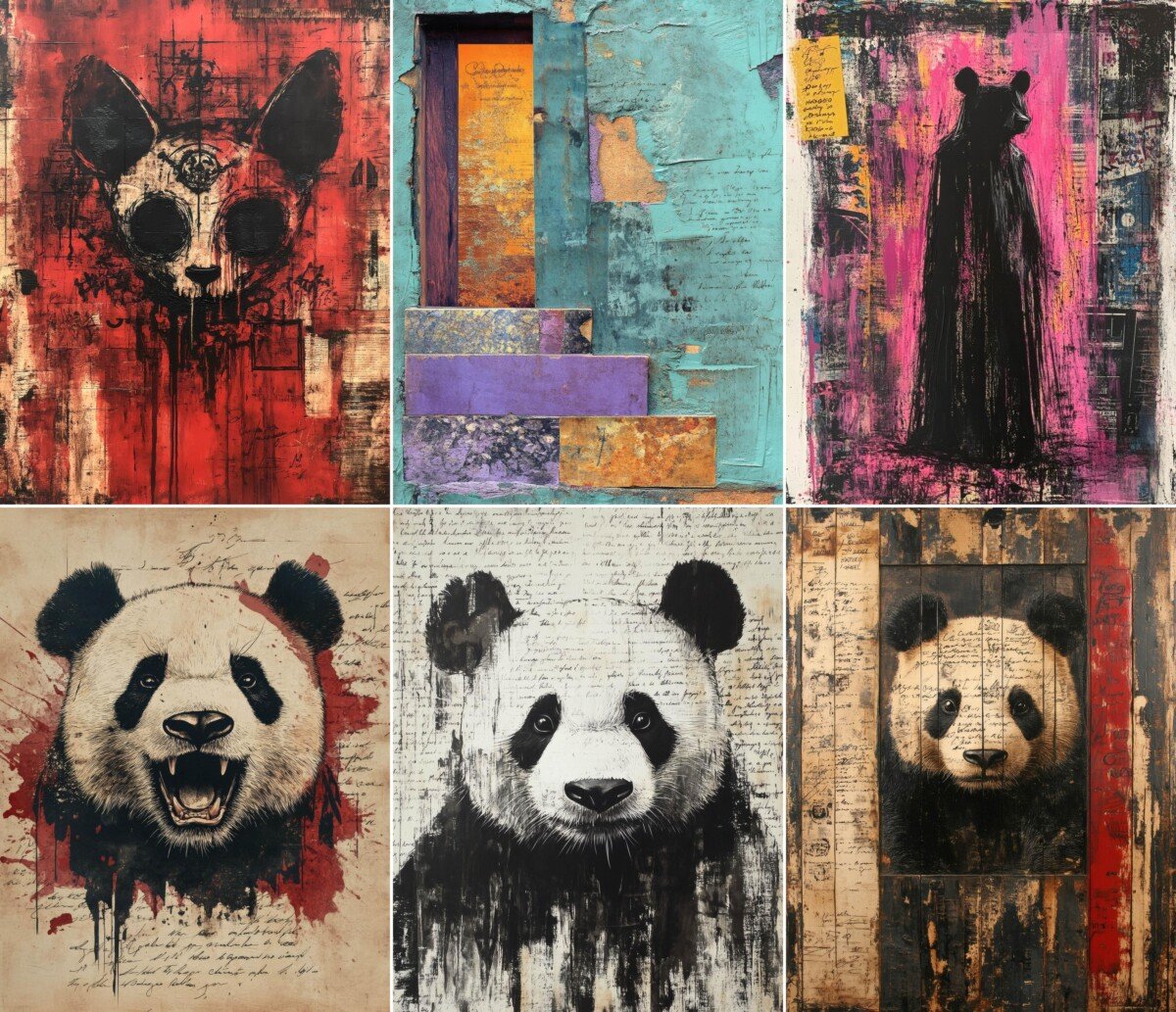 Gothic panda junk journal pages with distressed collage textures