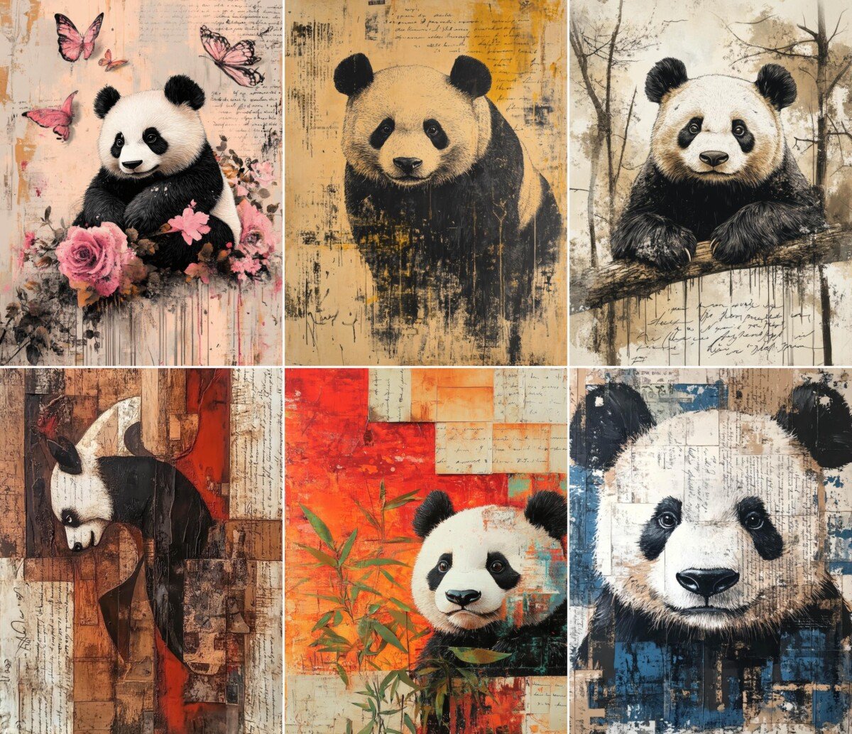 Gothic panda junk journal pages with distressed collage textures