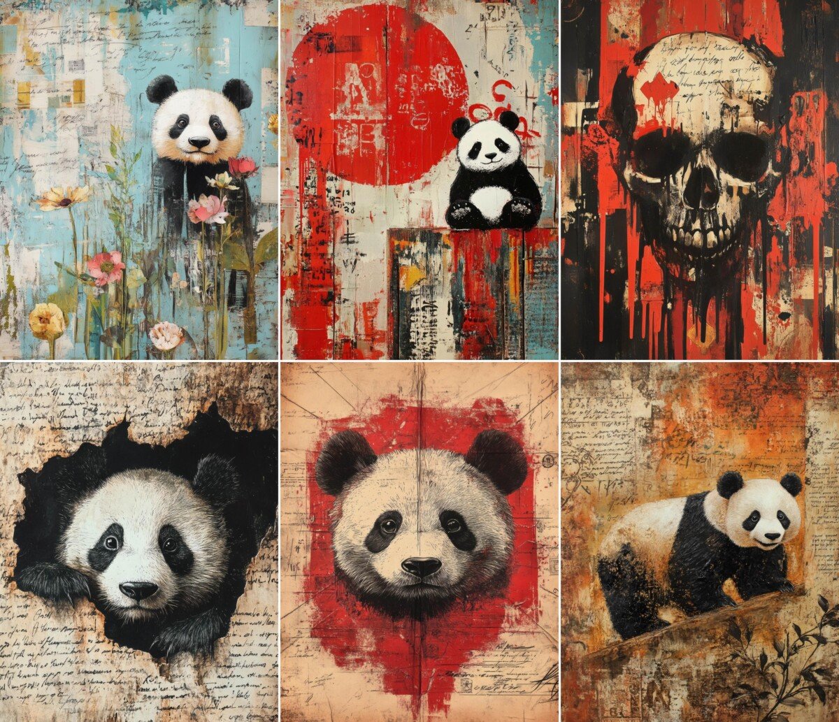 Gothic panda junk journal pages with distressed collage textures