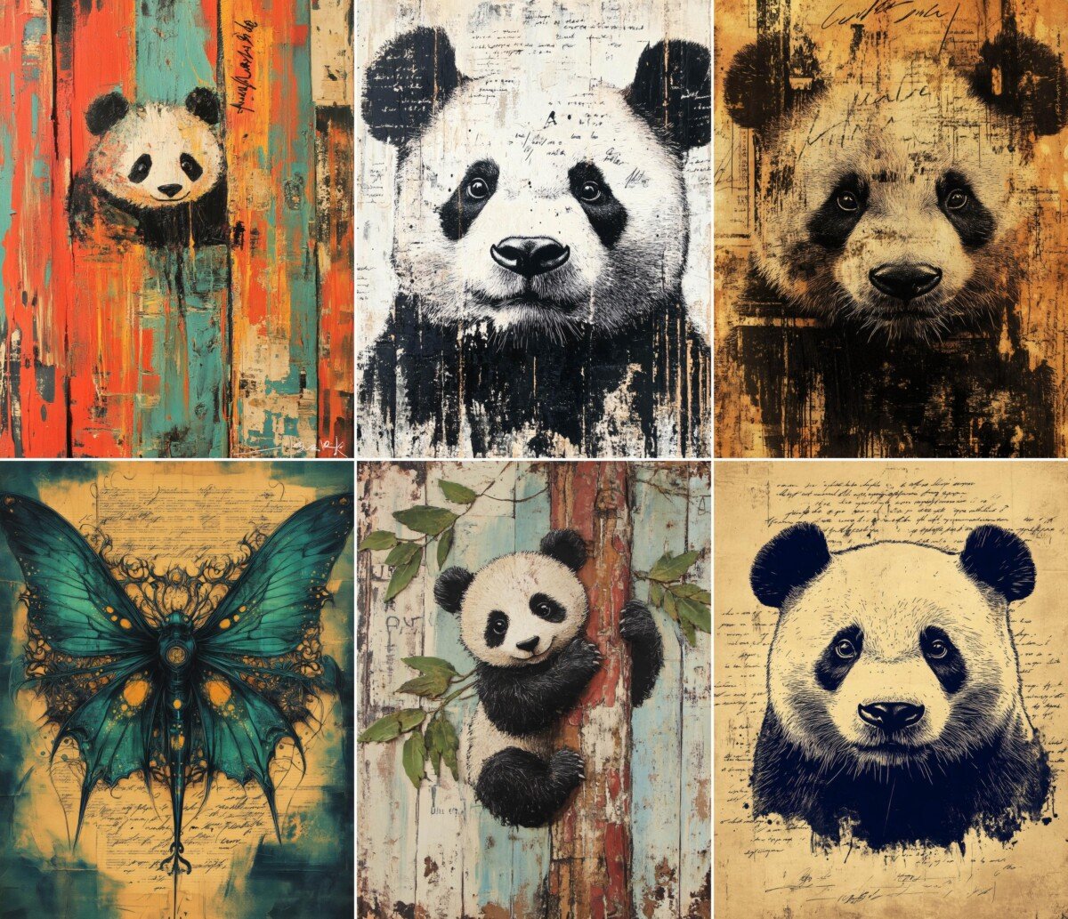 Gothic panda junk journal pages with distressed collage textures