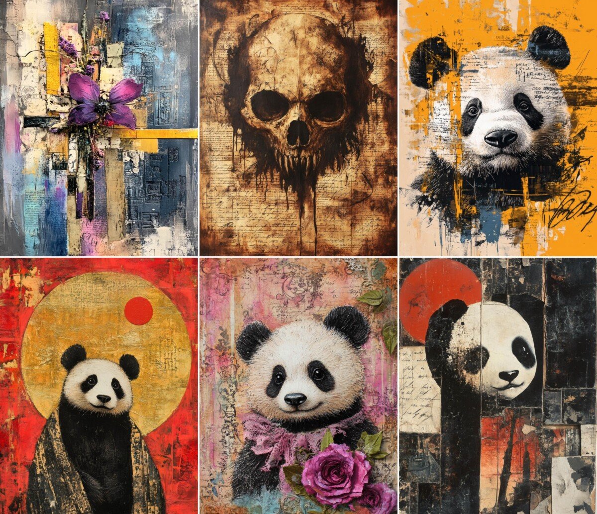 Gothic panda junk journal pages with distressed collage textures