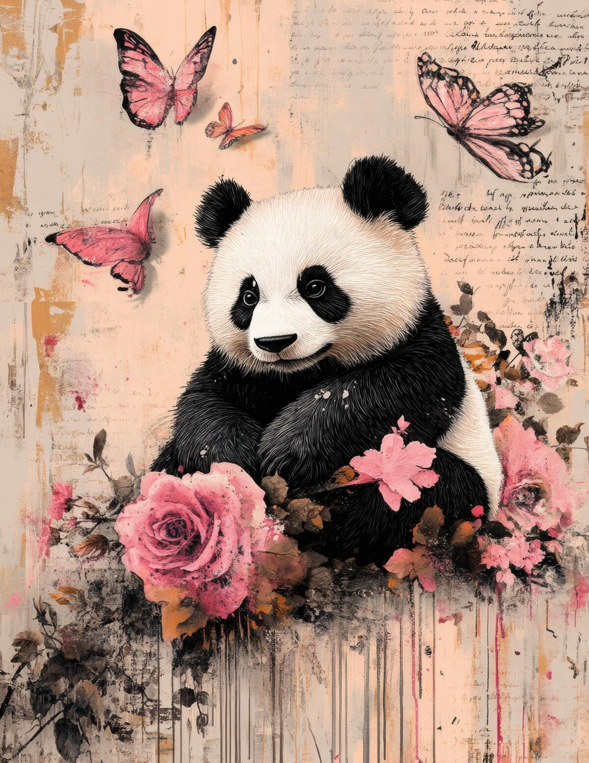 Panda with pink butterflies on vintage script paper