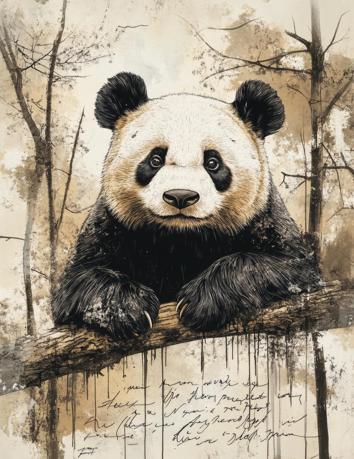 Panda portrait against faded woodland paper