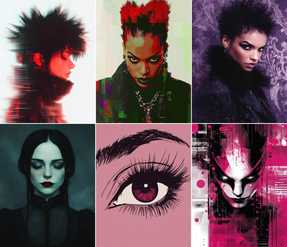 Gothpunk digital paper with high-contrast portrait artwork and bright accents
