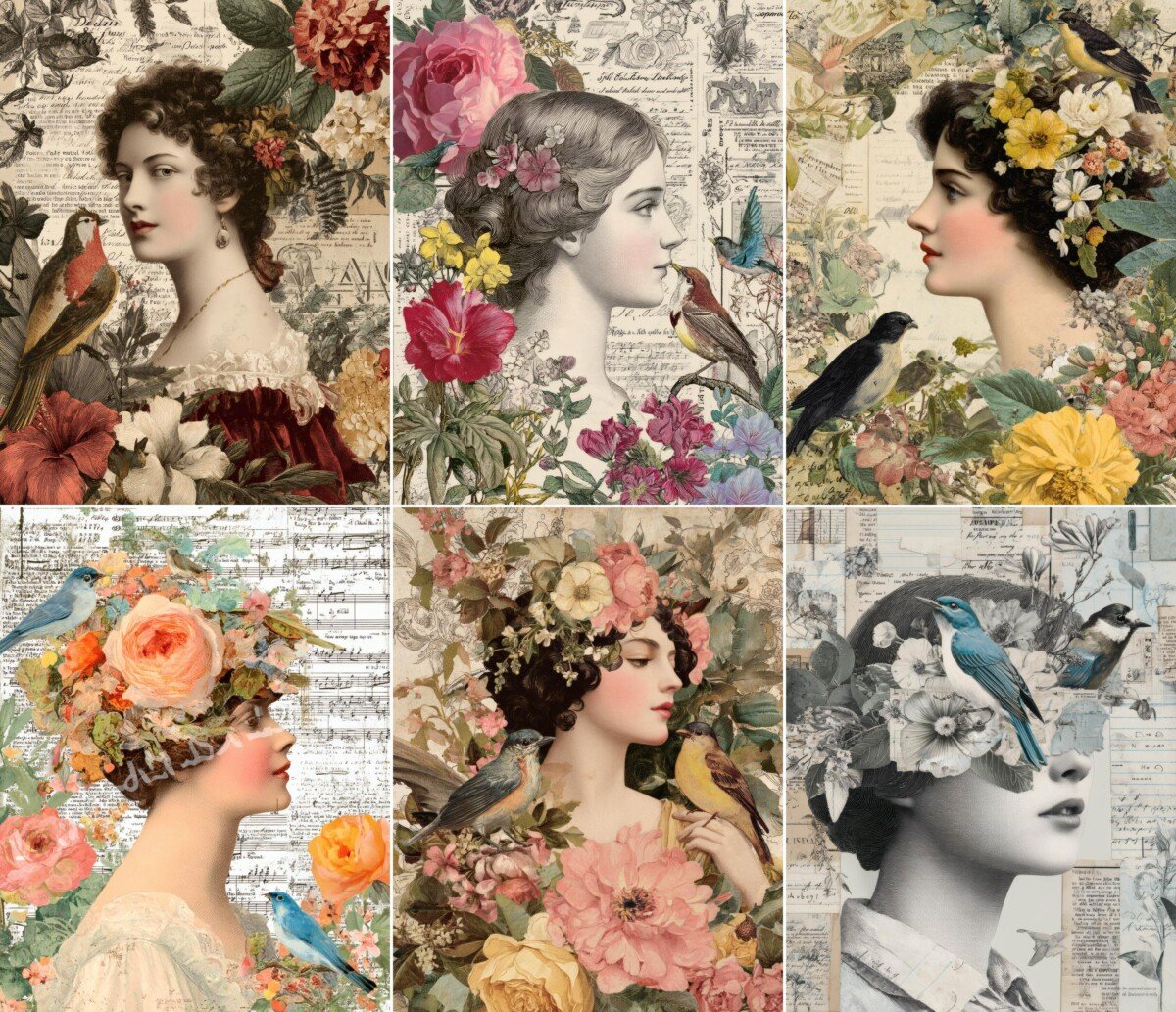 woman – 64 Woman with Birds and Flowers Junk Journal Pages