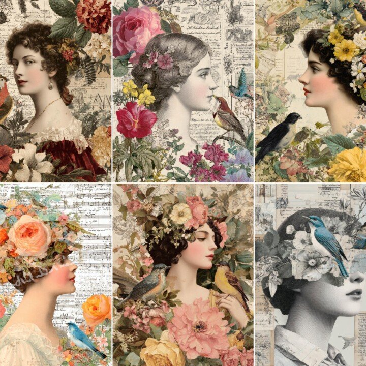 woman – 64 Woman with Birds and Flowers Junk Journal Pages