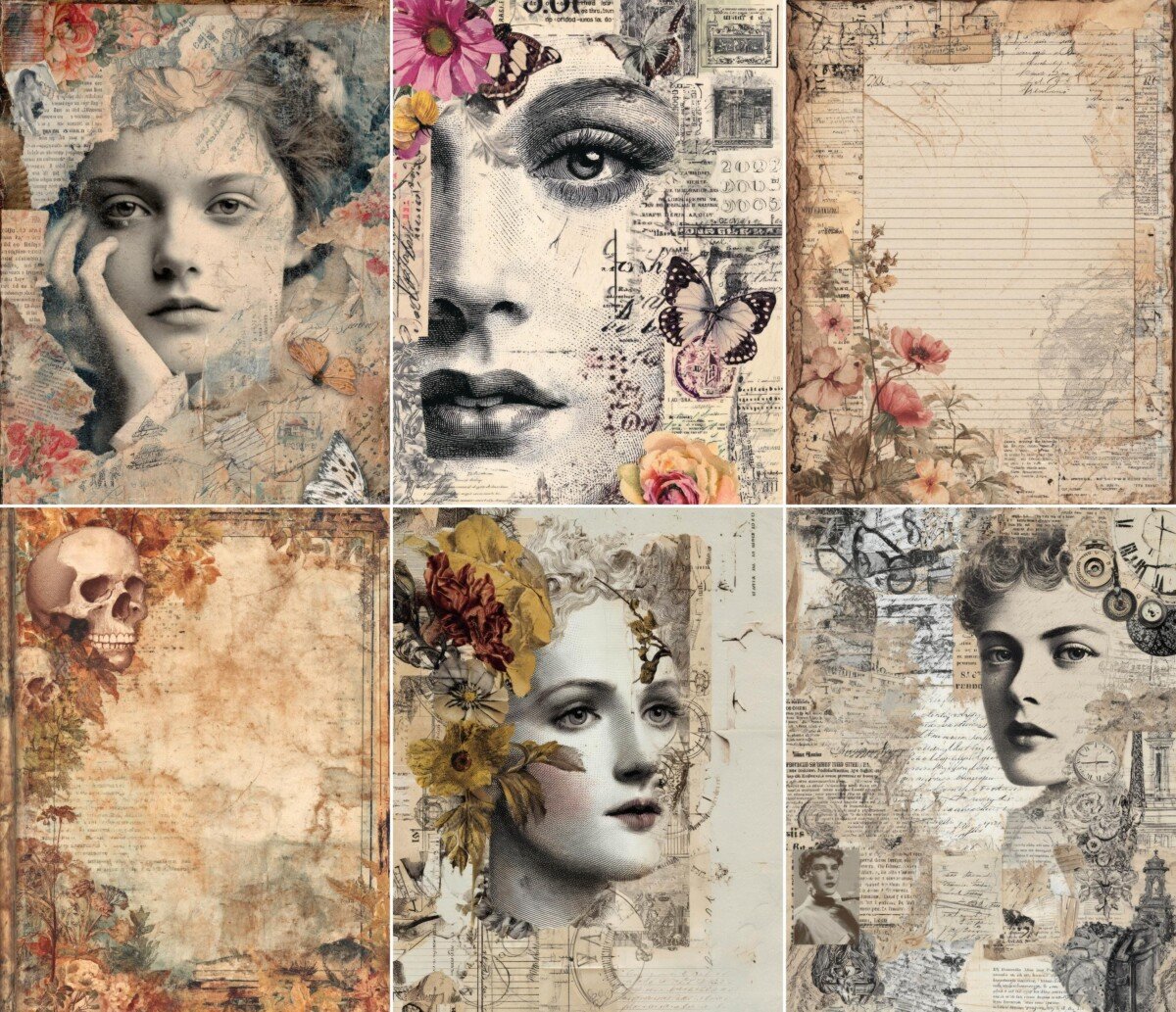 Vintage portrait and collage journal pages with flowers, clocks, skull accents and aged-paper textures