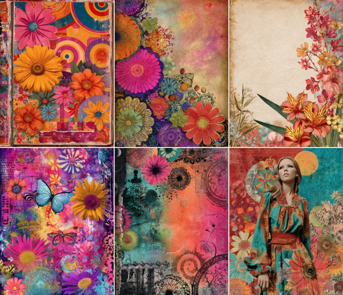 retro – 51 Retro 70s Boho Junk Journal Pages
