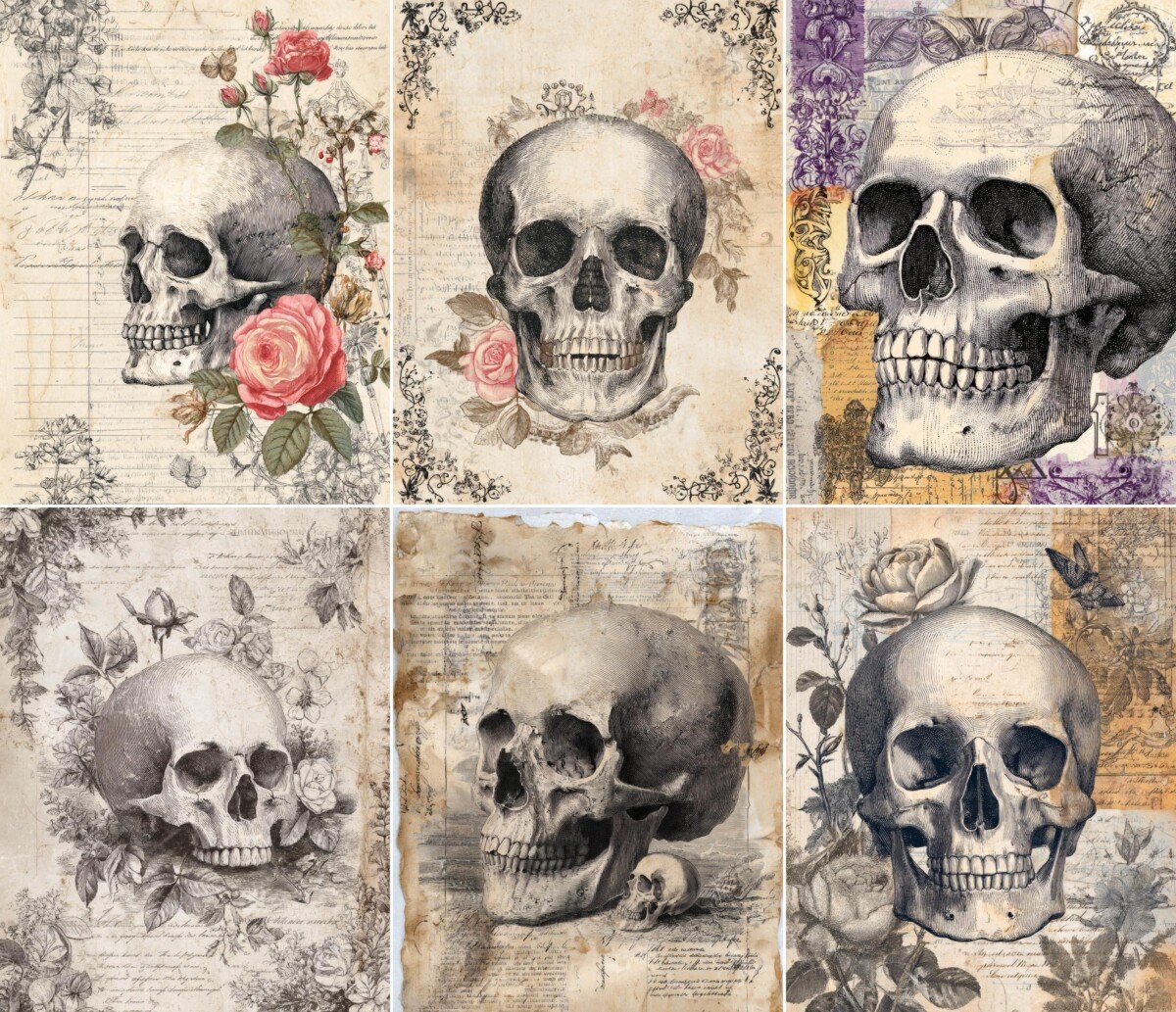 Vintage skull junk journal pages with floral details and aged paper collage