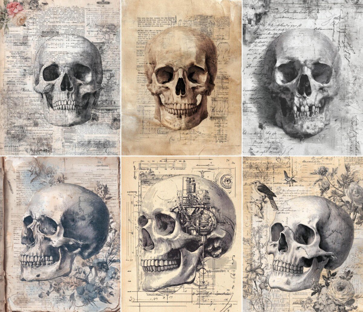 Anatomical skull illustrations over aged script and book paper