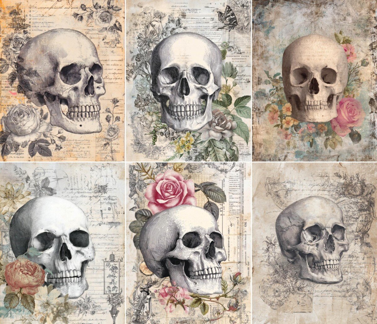Vintage skull scrapbook paper with botanical details