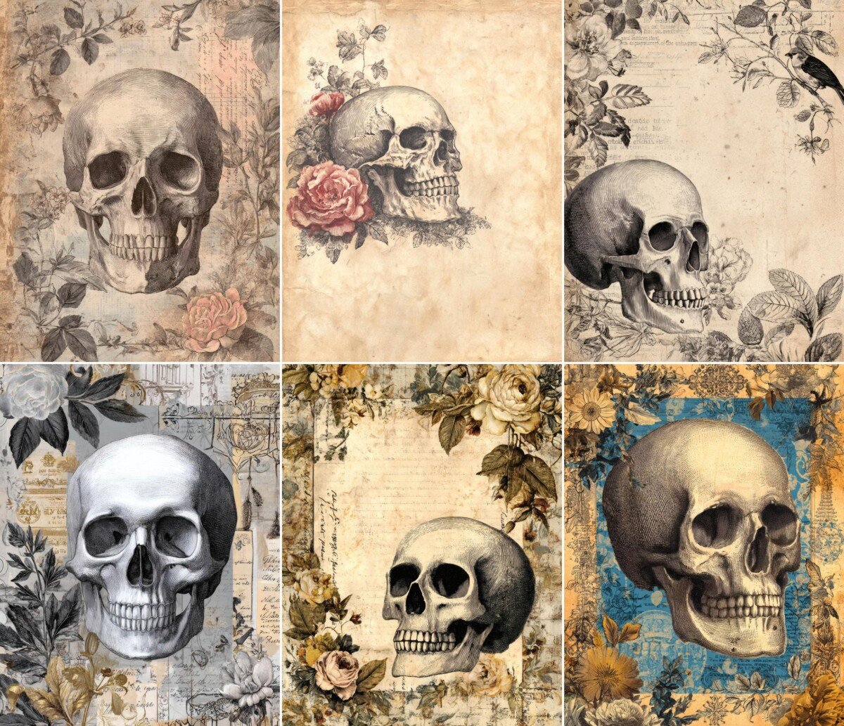 Skull collage pages with antique labels and warm paper textures