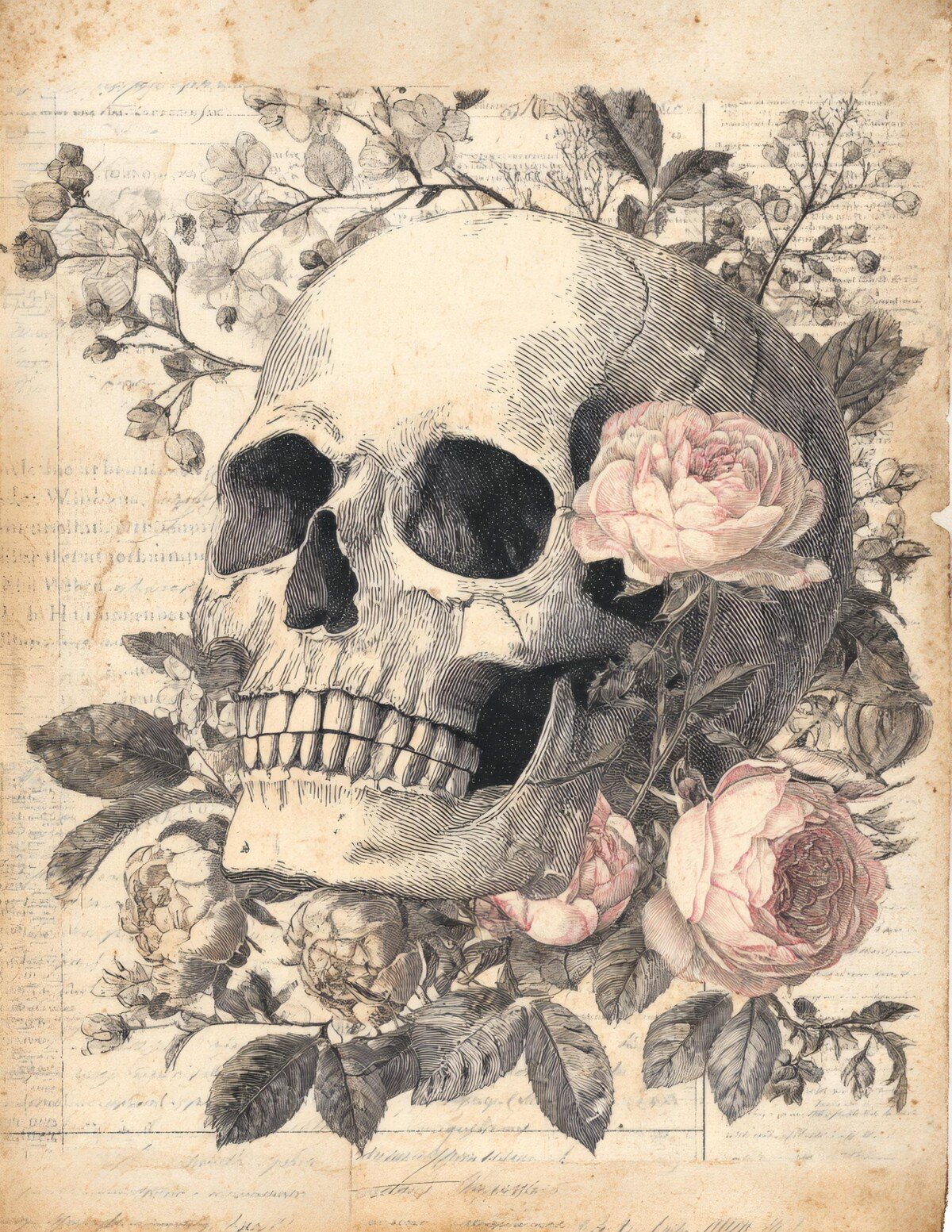 Single skull illustration with a pink rose and aged botanical background