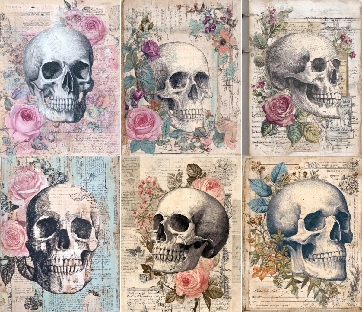 Skull and flower collage pages in faded pink and cream