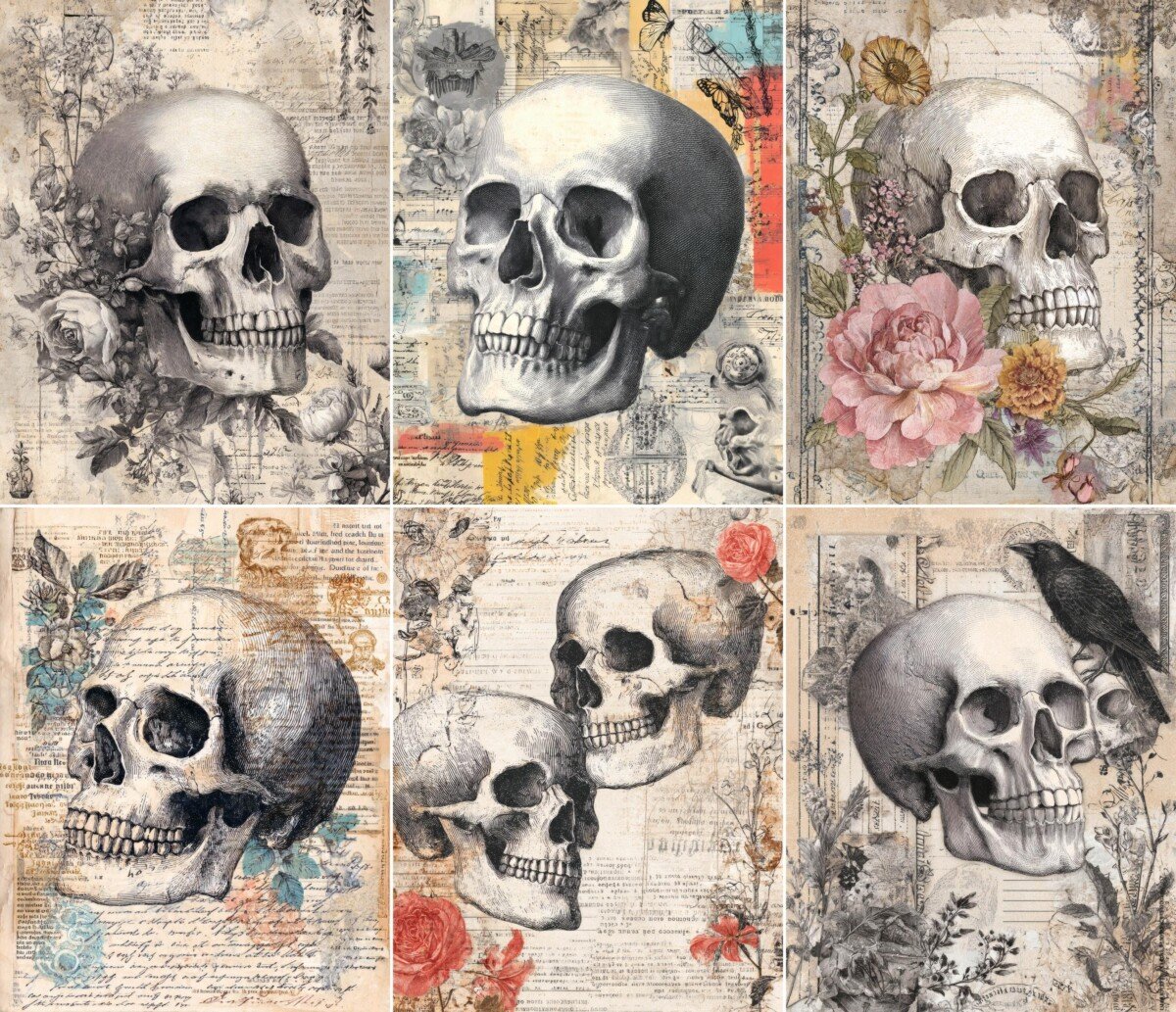 Vintage skull artwork with roses and distressed paper