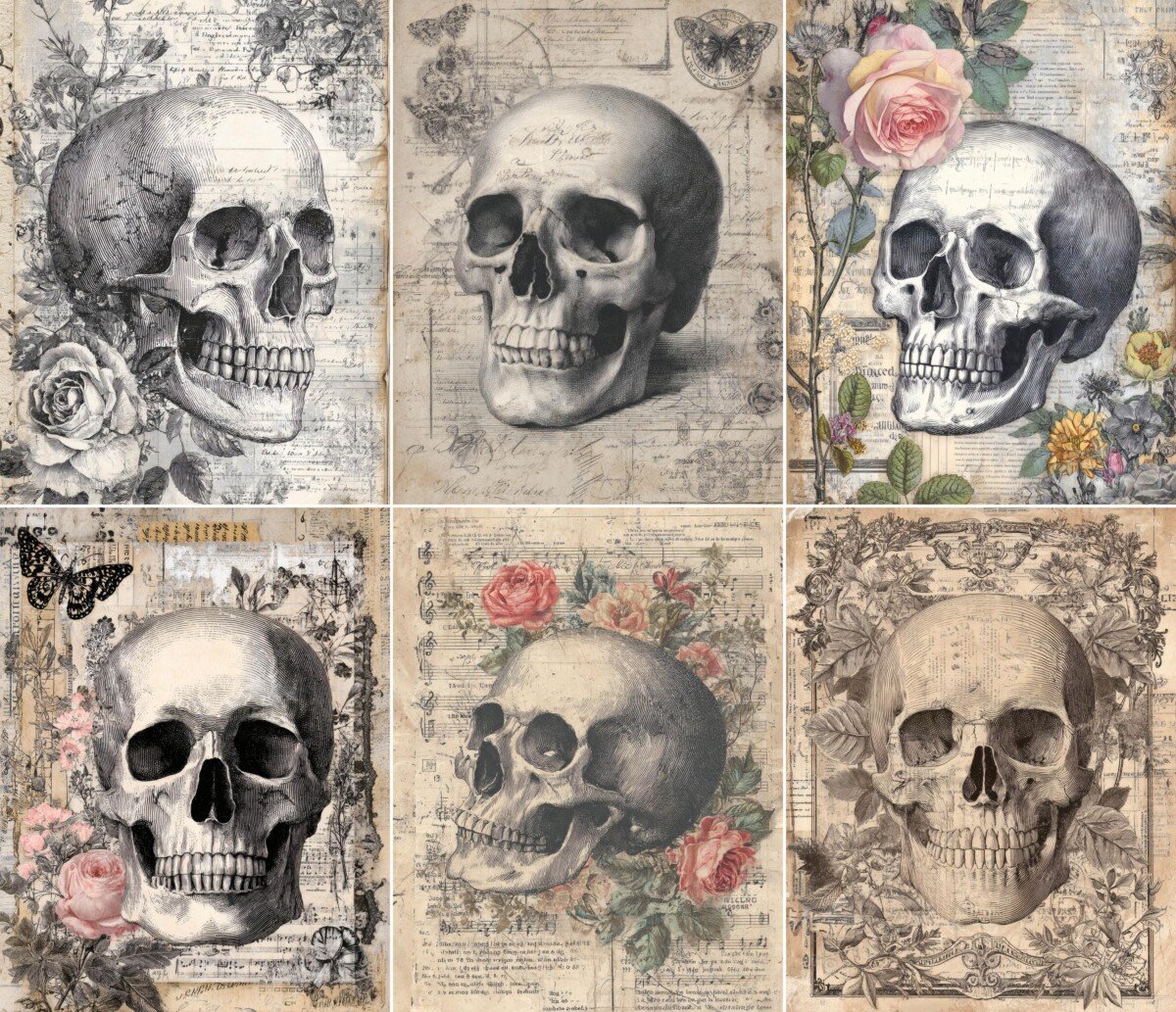 Gothic skull journal pages with ornate vintage backgrounds