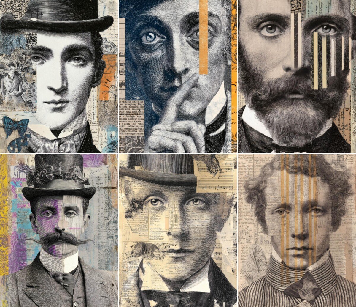Mixed-media male portraits with dark eyes and top hats