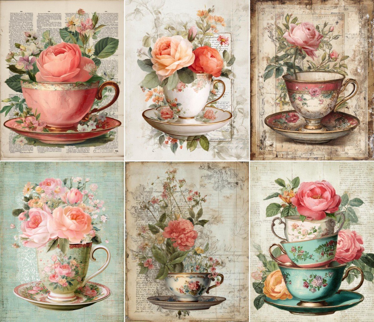 Pink and cream tea cup collage with botanical details and vintage textures